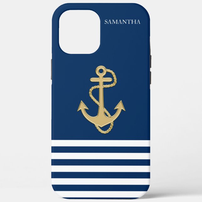 Nautical, Gold Anchor  Navy Blue Striped Case-Mate iPhone Case (Back)