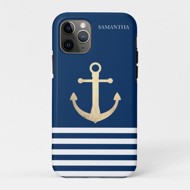 Nautical, Gold Anchor  Navy Blue Striped Case-Mate iPhone Case (Back)
