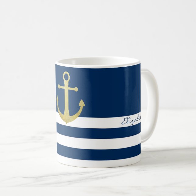 Nautical, Gold Anchor Navy Blue Striped Coffee Mug (Front Right)
