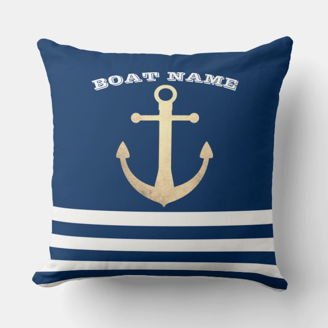 Nautical, Gold Anchor  Navy Blue Striped Cushion (Front)