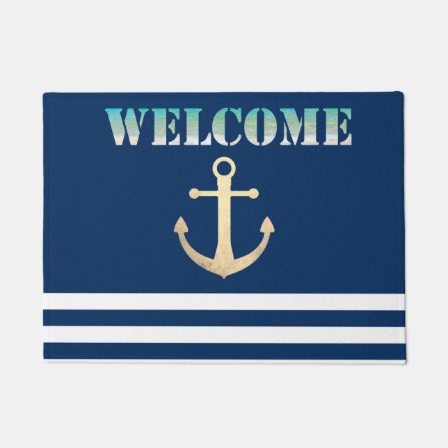 Nautical, Gold Anchor  Navy Blue Striped Doormat (Front)