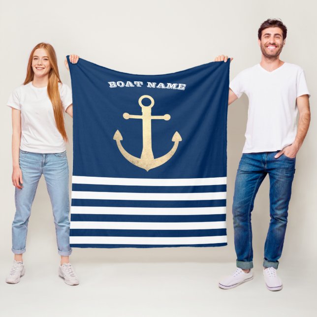 Nautical, Gold Anchor  Navy Blue Striped Fleece Blanket (In Situ)