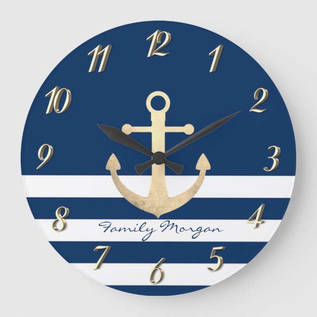 Nautical, Gold Anchor Navy Blue Striped Large Clock (Front)