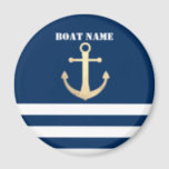 Nautical, Gold Anchor Navy Blue Striped Magnet<br><div class="desc">Gold anchor on navy blue background. Personalize the name for yourself or as a cute gift idea.</div>