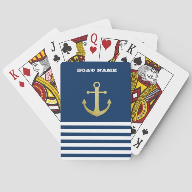 Nautical, Gold Anchor  Navy Blue Striped Playing Cards (Back)