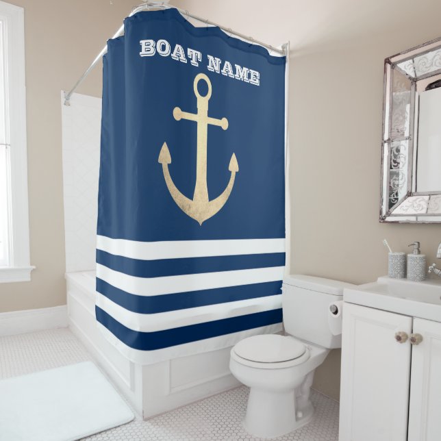 Nautical, Gold Anchor  Navy Blue Striped Shower Curtain (In Situ)
