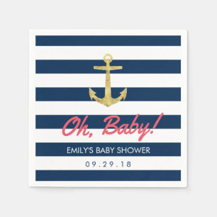 Nautical Gold Anchor Navy Blue Stripes Baby Shower Napkin