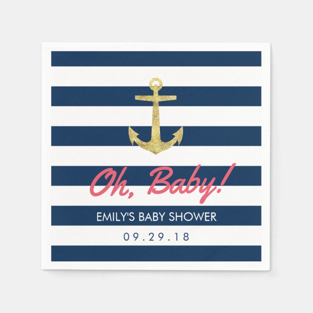 Nautical Gold Anchor Navy Blue Stripes Baby Shower Napkin (Front)