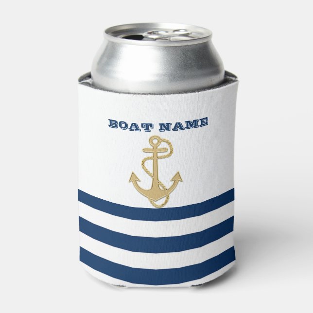 Nautical,Gold Anchor Navy Blue Stripes Can Cooler (Can Front)
