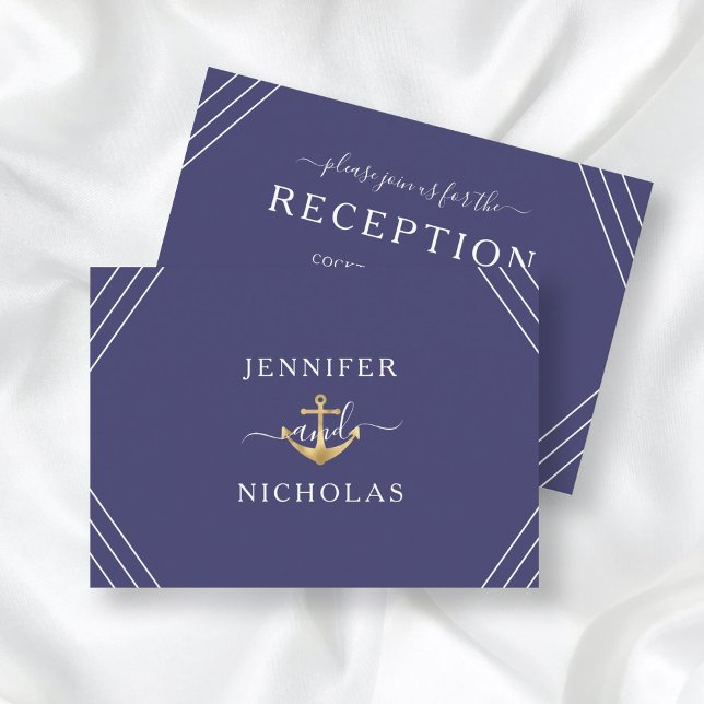 Nautical Gold Anchor Navy Blue Wedding Reception Enclosure Card (Front/Back Nautical Gold Anchor Navy Blue Wedding Reception Enclosure Card)
