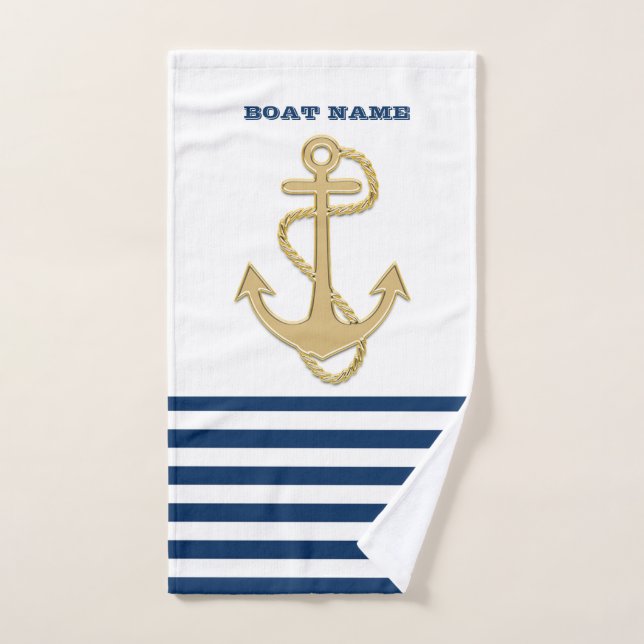 Nautical,Gold Anchor  Navy Blue White Stripes Bath Towel Set (Hand Towel)