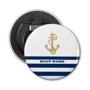 Nautical,Gold Anchor  Navy Blue White Stripes  Bottle Opener