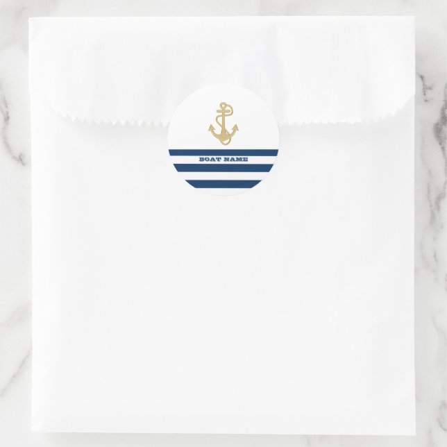 Nautical,Gold Anchor  Navy Blue White Stripes  Classic Round Sticker (Bag)