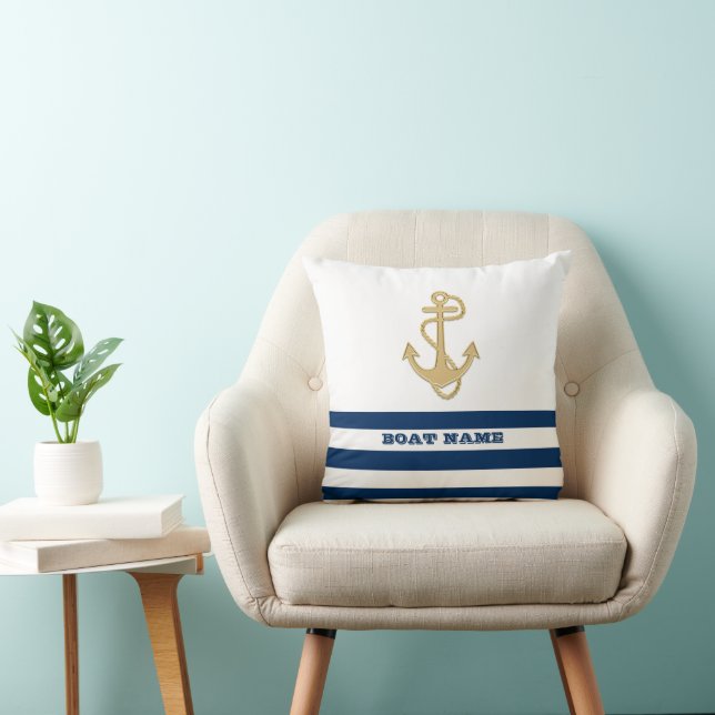 Nautical,Gold Anchor  Navy Blue White Stripes  Cushion (Chair)