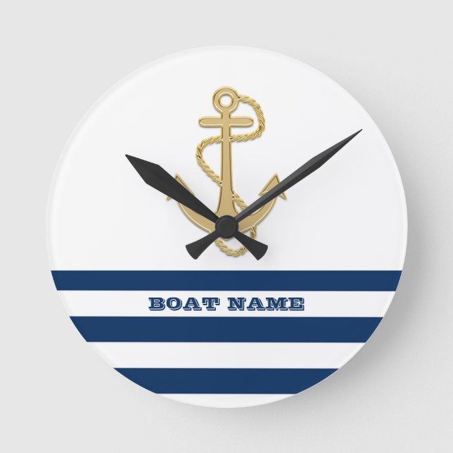 Nautical,Gold Anchor  Navy Blue White Stripes  Round Clock (Front)