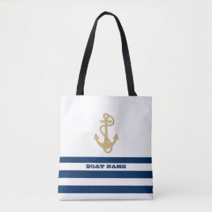 Nautical,Gold Anchor  Navy Blue White Stripes  Tote Bag