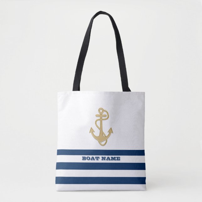 Nautical,Gold Anchor  Navy Blue White Stripes  Tote Bag (Front)