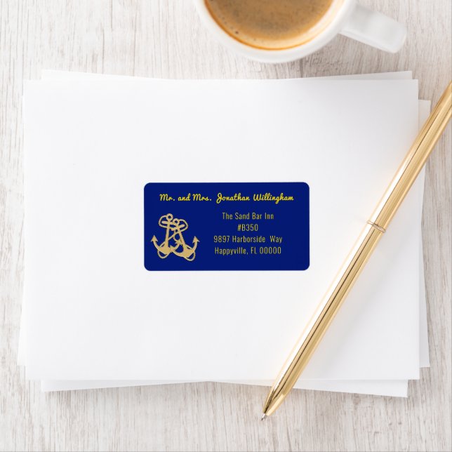 Nautical Gold Anchor Navy Blue Wide Address Labels (Insitu)