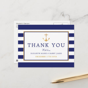 Nautical Gold Anchor, Navy & Gold Thank You Postcard
