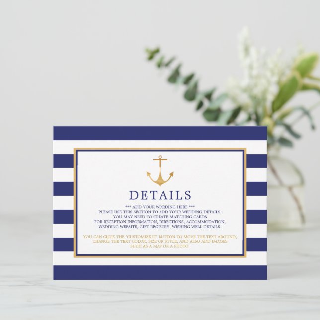 Nautical Gold Anchor, Navy & Gold Wedding Detail Enclosure Card (Standing Front)