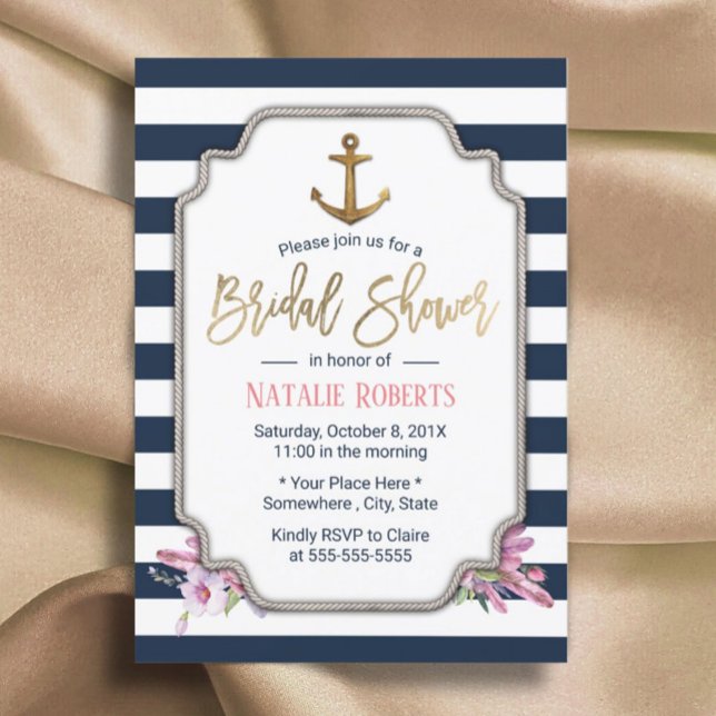 Nautical Gold Anchor Navy Stripes Bridal Shower Invitation (Creator Uploaded)