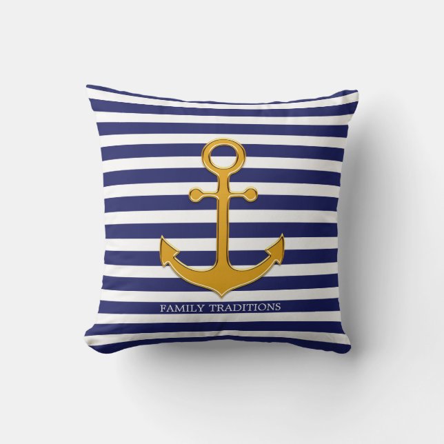 Nautical Gold Anchor on Blue & White Striped Cushion (Front)