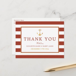 Nautical Gold Anchor, Red Brick & Gold Thank You Postcard