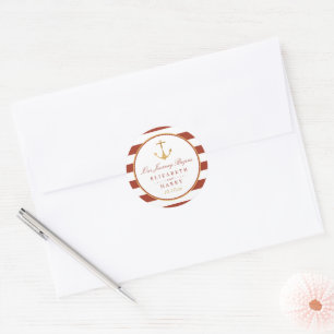 Nautical Gold Anchor, Red Brick & Gold Wedding Classic Round Sticker
