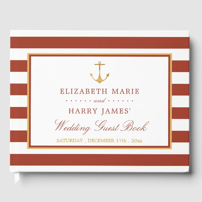 Nautical Gold Anchor, Red Brick & Gold Wedding Guest Book (Front)