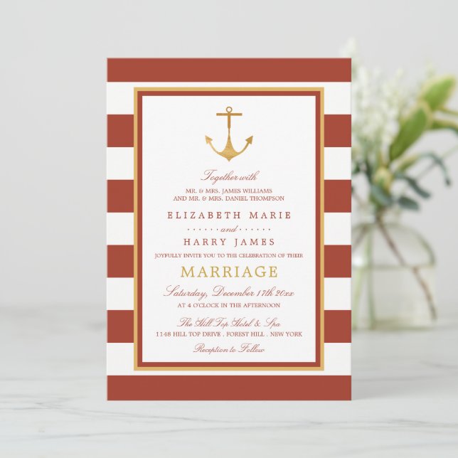 Nautical Gold Anchor, Red Brick & Gold Wedding Invitation (Standing Front)
