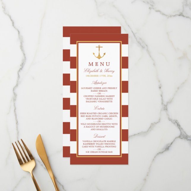 Nautical Gold Anchor, Red Brick & Gold Wedding Menu (Front/Back In Situ)