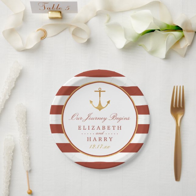 Nautical Gold Anchor, Red Brick & Gold Wedding Paper Plate (Wedding)