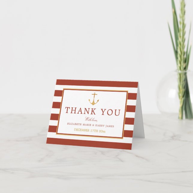 Nautical Gold Anchor, Red Brick & Gold Wedding Thank You Card (Front)