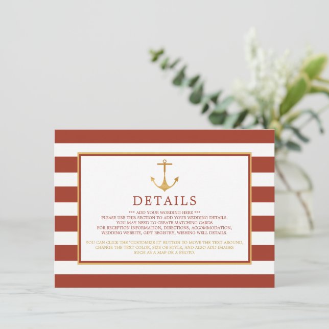 Nautical Gold Anchor, Red Brick Wedding Detail Enclosure Card (Standing Front)