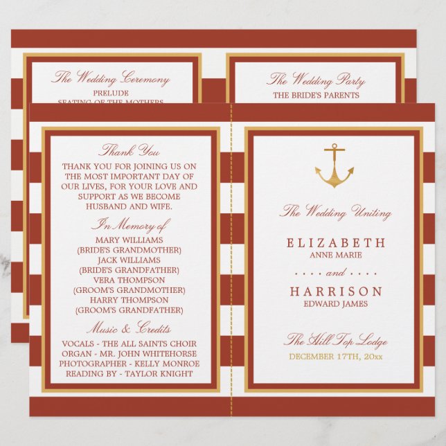 Nautical Gold Anchor, Red Brick Wedding Programme (Front/Back)