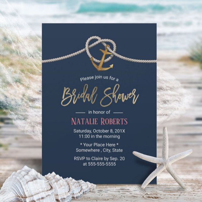 Nautical Gold Anchor Rope Navy Blue Bridal Shower Invitation (Creator Uploaded)