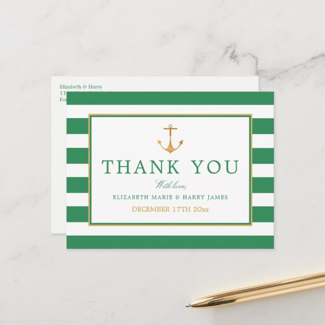 Nautical Gold Anchor, Sea Green & Gold Thank You Postcard (Front/Back In Situ)