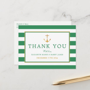 Nautical Gold Anchor, Sea Green & Gold Thank You Postcard