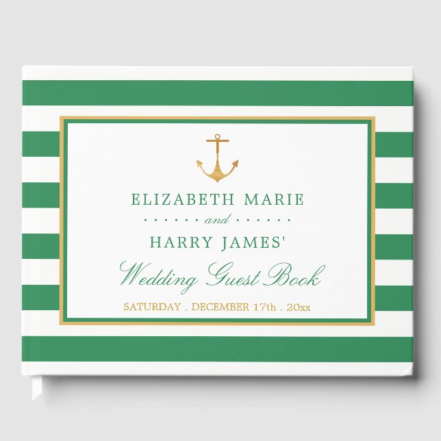 Nautical Gold Anchor, Sea Green & Gold Wedding Guest Book (Front)