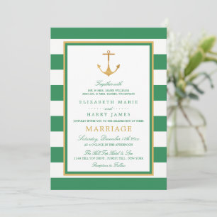 Nautical Gold Anchor, Sea Green & Gold Wedding Invitation