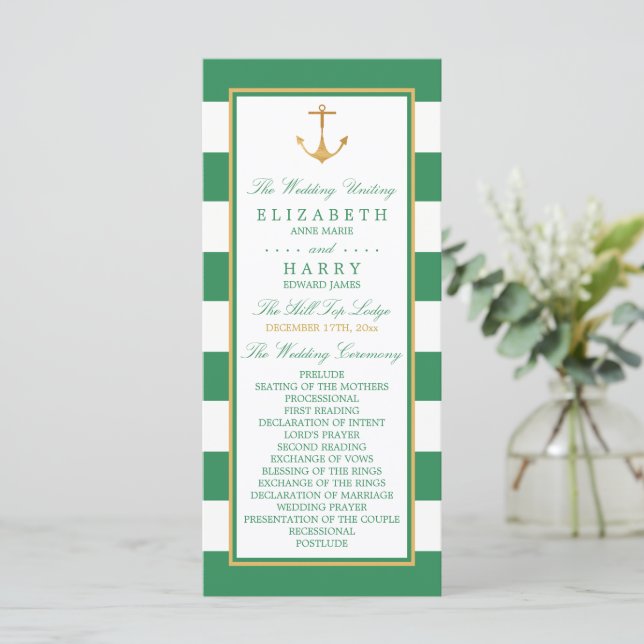 Nautical Gold Anchor, Sea Green & Gold Wedding Programme (Standing Front)