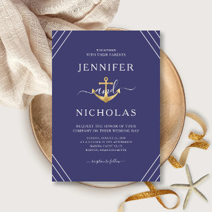 Nautical Gold Anchor Stripes Navy Blue Wedding Invitation