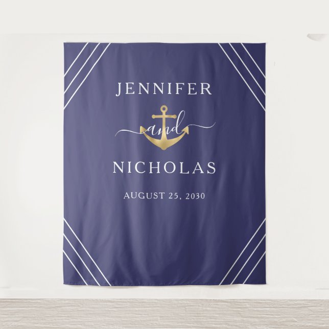 Nautical Gold Anchor Wedding Photo Booth Backdrop Tapestry (Front)