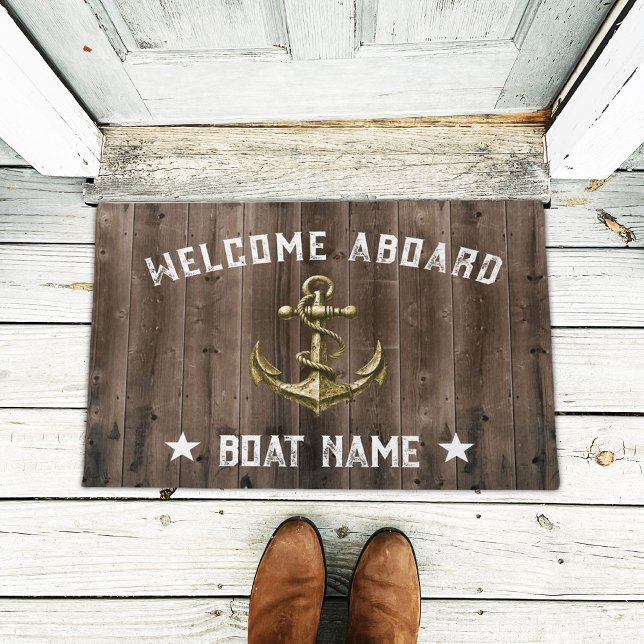 Nautical Gold Anchor Wood Welcome Aboard Boat Doormat (Creator Uploaded)