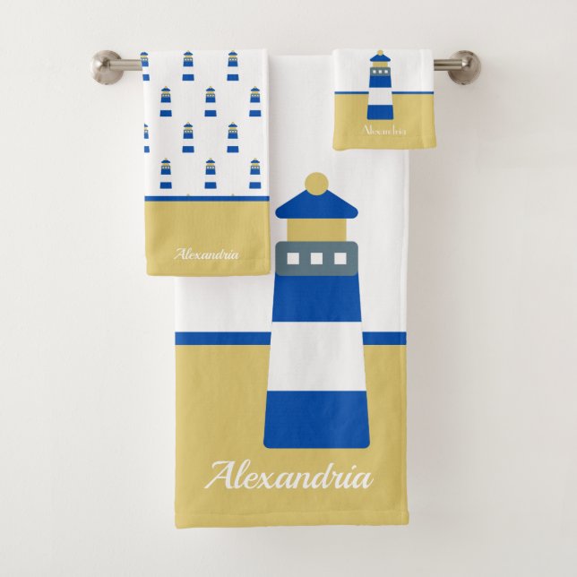Nautical Gold and navy blue Lighthouse Bath Towel (Insitu)