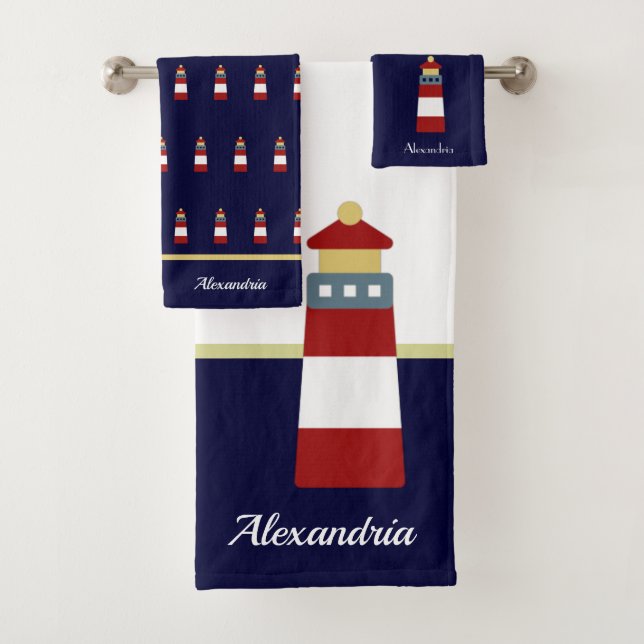 Nautical Gold and navy blue Lighthouse Bath Towel  (Insitu)