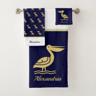 Nautical Gold and navy blue Lighthouse Bath Towel