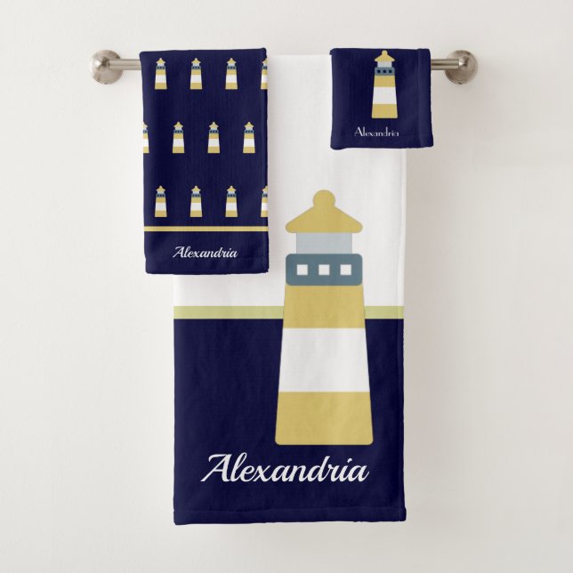 Nautical Gold and navy blue Lighthouse Bath Towel Set (Insitu)