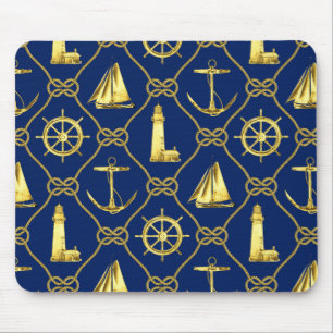 Nautical Gold Blue Lighthouse Sailboat Desk Mouse Mat