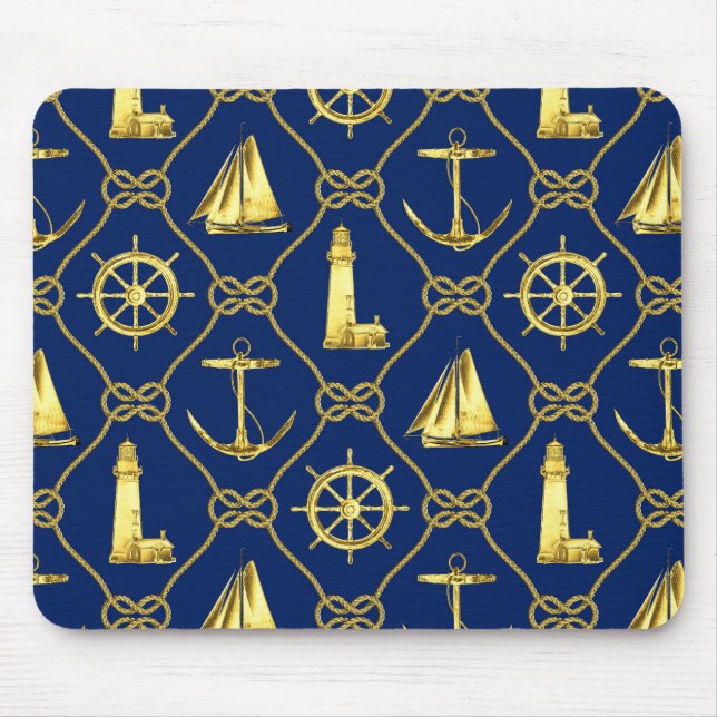 Nautical Gold Blue Lighthouse Sailboat Desk Mouse Mat (Front)